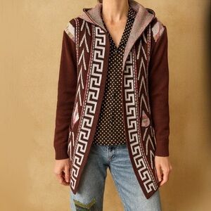 Marqlop Brown Hooded Andean Knit Open Front Boho Cardigan Sweater